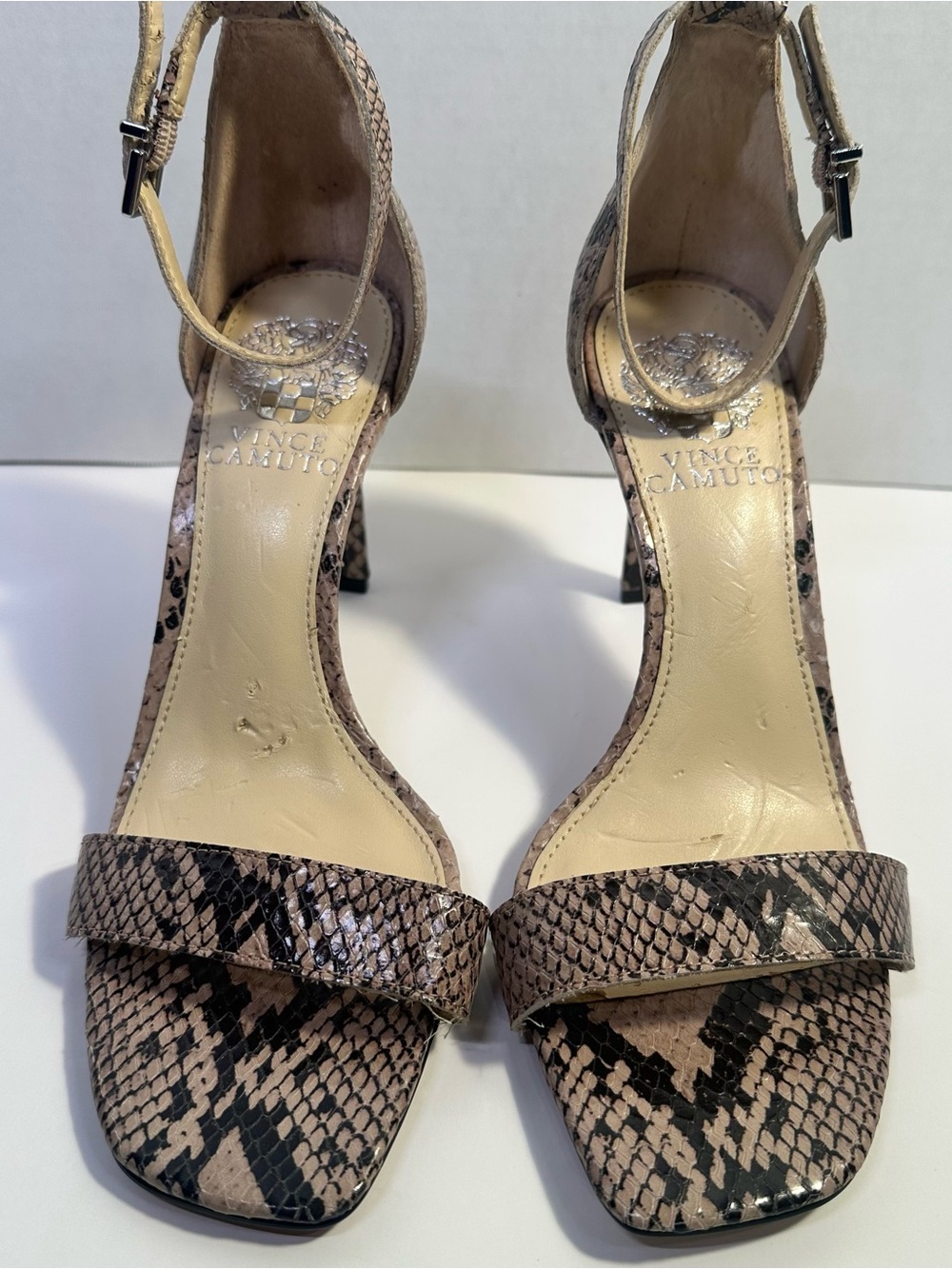 Vince Camuto Taupe and Black Snakeskin Ankle-Strap Heels